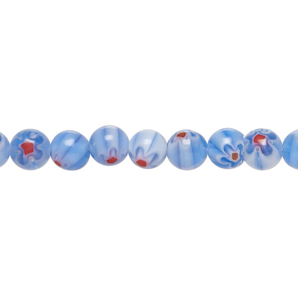 Bead, millefiori glass 1pkg1, translucent multicolored / red / white, 6mm round, 15 inches. image number 0