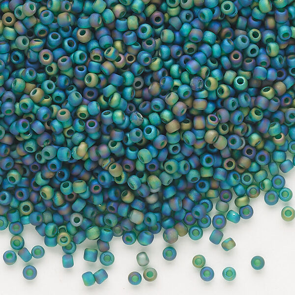 Seed bead, Dyna-Mites™, glass, pkg/40g, #11 round, translucent frosted rainbow peacock, (23FAB 11/0 RR). image number 0
