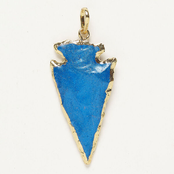 Focal, copper agate 1pk 37x22mm-48x23mm arrowhead, gold finish blue iris coated image number 0