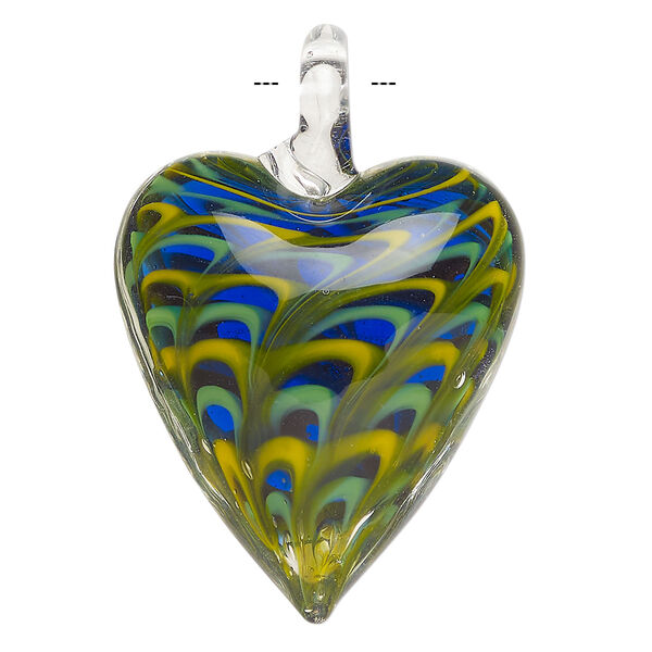 Focal, lampworked glass 1pkg1, translucent and opaque multicolored, 42x29mm-44x31mm single-sided heart with swirl design. image number 1