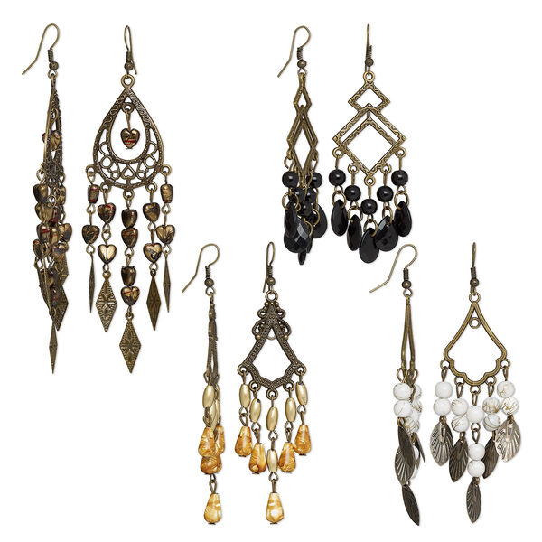 Earring, acrylic / antique brass / antique brass-plated steel, assorted colors, 3 to 4-1/2 inches with fishhook ear wire. Sold per pkg of 4 pairs. image number 0