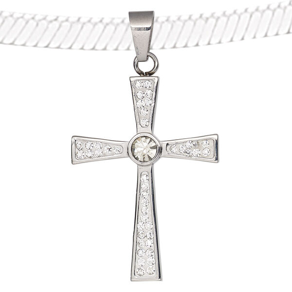 Pendant, epoxy / glass rhinestone / stainless steel, clear and white, 45x29mm single-sided cross. Sold individually. image number 0