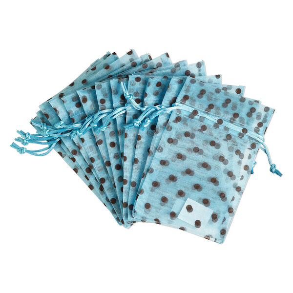 Pouch, flocked organza, robin's egg blue and brown, 6x4 inches with dots pattern and drawstring closure. Sold per pkg of 12. image number 0