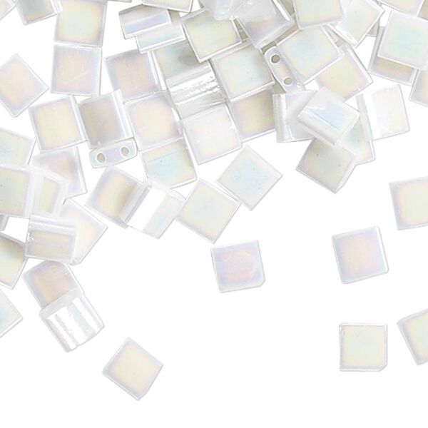 Bead, Miyuki, TILA®, glass, opaque white pearl AB, (TL471), 5mm square with (2) 0.8mm holes, fits up to 3mm beads. Sold per 10-gram pkg. image number 0