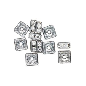Bead, imitation rhodium-finished "pewter" (zinc-based alloy) and glass, clear, 7mm square rondelle. Sold per pkg of 12.