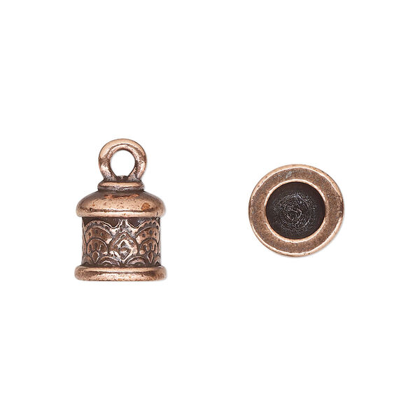 Cord end, glue-in, TierraCast®, antique copper-plated pewter (tin-based alloy), 10.5x10mm with temple design, 5.7mm inside diameter. Sold per pkg of 2. image number 0