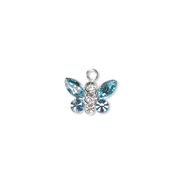 Charm, crystals and sterling silver, crystal clear and aquamarine, 12x8mm butterfly. Sold individually. image number 0