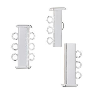 Clasp slide lock 1pkg4 silver-plated, 21x7mm rectangle tube, brass 3-strand
