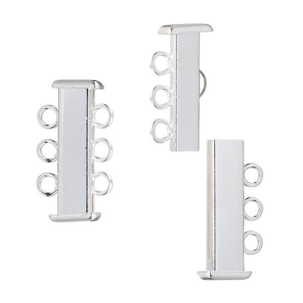 Clasp, 3-strand slide lock, silver-plated brass, 21x7mm rectangle tube. Sold per pkg of 4. image number 0