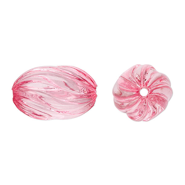 Bead, acrylic, pink, 20x13mm fluted oval. Sold per 100-gram pkg, approximately 50 beads. image number 0