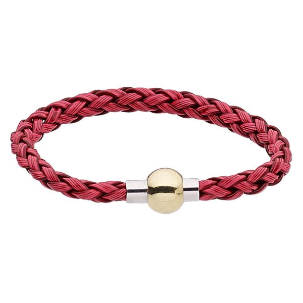 Bracelet, imitation leather with gold- and silver-finished "pewter" (zinc-based alloy), red, 6mm wide braided round, 7 inches with magnetic clasp. Sold individually. image number 0