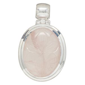 Pendant, rose quartz (natural) and sterling silver, 44x36mm oval. Sold individually.
