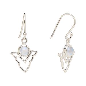 Earring, Create Compliments®, antiqued sterling silver and rainbow moonstone (natural), fishhook, 29mm with 15.5x14mm single-sided open arrowhead, 21 gauge. Sold per pair.