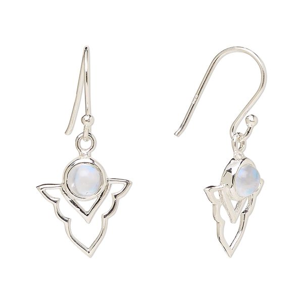 Earring, Create Compliments®, antiqued sterling silver and rainbow moonstone (natural), fishhook, 29mm with 15.5x14mm single-sided open arrowhead, 21 gauge. Sold per pair. image number 0