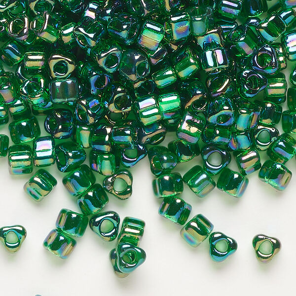 Seed bead, Miyuki 1pkg10g, glass, #5 triangle, translucent rainbow green (TR-1154) image number 0