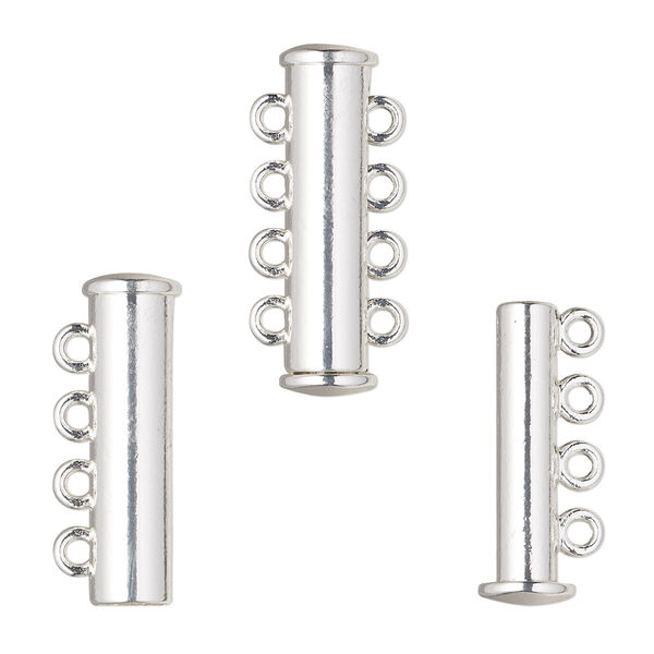 Clasp, 4-strand magnetic slide lock, silver-finished "pewter" (zinc-based alloy), 24x6.5mm tube. Sold per pkg of 2. image number 0