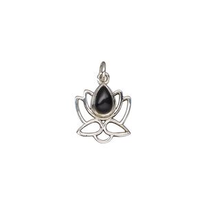 Black onyx / sterling silver 1pkg1, antiqued open lotus drop 12x12mm