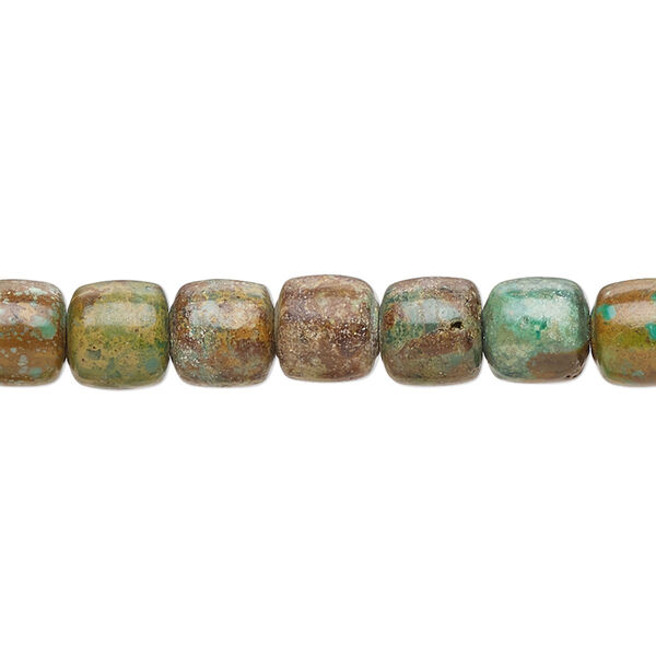 Bead, turquoise (dyed / stabilized), green-brown, 7x6mm-8x7mm drum with 0.8-1.1mm hole, C- grade, Mohs hardness 5 to 6. Sold per 15-1/2" to 16" strand. image number 0