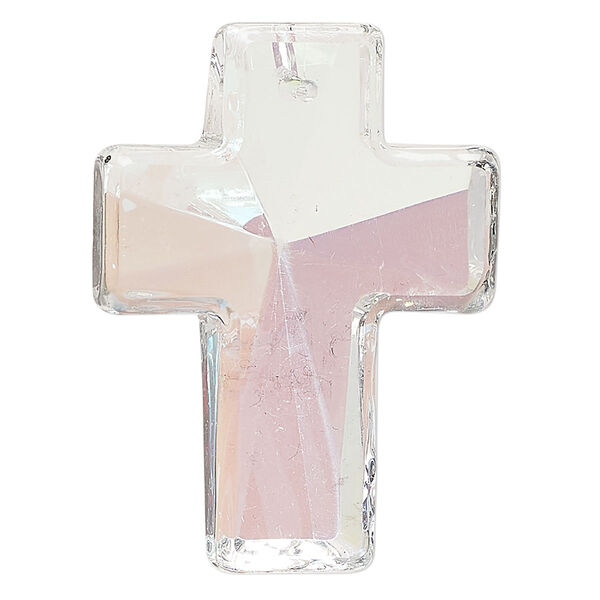 Focal, glass, clear AB, 40x30mm top-drilled faceted cross with flat back. Sold individually. image number 0