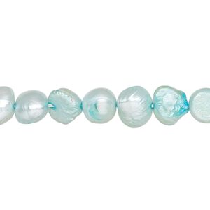 Pearl, cultured freshwater (dyed), tea green, 7-8mm flat-sided potato, D grade, Mohs hardness 2-1/2 to 4. Sold per 15-inch strand.
