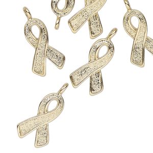 Charm, antique gold-finished "pewter" (zinc-based alloy), 17x11mm awareness ribbon. Sold per pkg of 12.