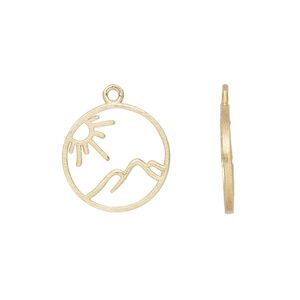 Charm Amoracast® 1pkg1 sterling silver, 14mm 2-sided open sunny mountains round, brushed "vermeil" (gold finish)