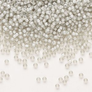Seed bead, Miyuki, glass, pkg/25g, #11 rocaille, translucent moonstone-lined luster crystal clear (RR-2268).