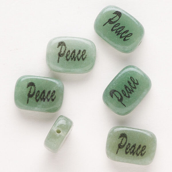Green aventurine 1pkg6, double-sided "Peace" rounded flat rectangle bead B grade, 14x10mm image number 0