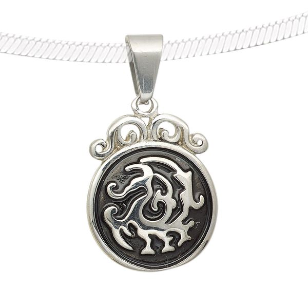 Pendant, epoxy and stainless steel, black, 25x20mm fancy round with fancy design. Sold individually. image number 0