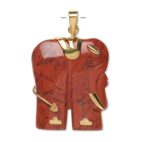 Pendant, red jasper (natural) and gold-finished "pewter" (zinc-based alloy), 28x23mm-30x25mm single-sided elephant. Sold individually. image number 0