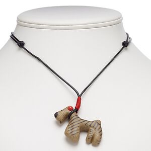 Necklace, porcelain and waxed cotton cord, brown / red / black, 50x30mm dog, adjustable from 16-30 inches with macramé knot closure. Sold individually.
