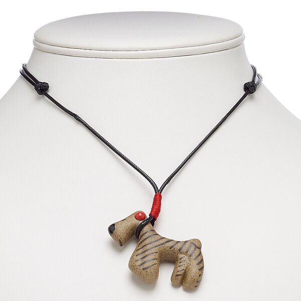 Necklace, porcelain and waxed cotton cord, brown / red / black, 50x30mm dog, adjustable from 16-30 inches with macramé knot closure. Sold individually. image number 0