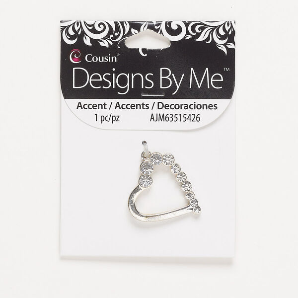 Focal, silver-finished "pewter" (zinc-based alloy) and glass, clear, 30x28mm single-sided open heart. Sold individually. image number 0