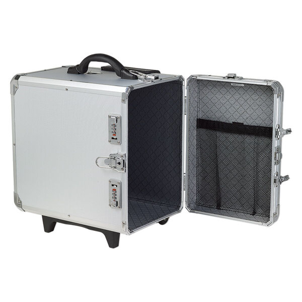Jewelry case, aluminum / steel / plastic / polyester / VELCRO®, grey and black, 17-1/2 x 16 x 11 inches with diamond pattern and wheels. Sold individually. image number 0
