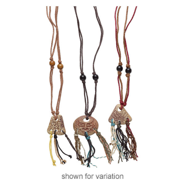 Necklace mix, ceramic / wood / bone (dyed) / cotton cord, multicolored, 28x28mm-50x38mm multi-shape, 18 inches.  Sold per pkg of 3. image number 2