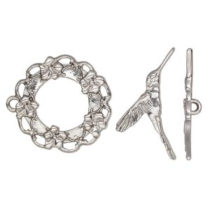 Clasp toggle 1pkg1 silver-plated "pewter" (zinc alloy), 25mm wreath / hummingbird, antique 1-strand