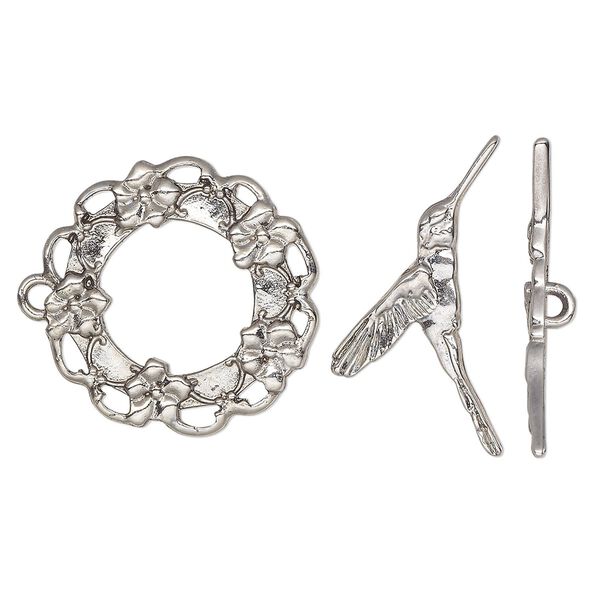 Clasp, toggle, antique silver-plated "pewter" (zinc-based alloy), 25mm wreath with flowers and hummingbird bar. Sold individually. image number 0
