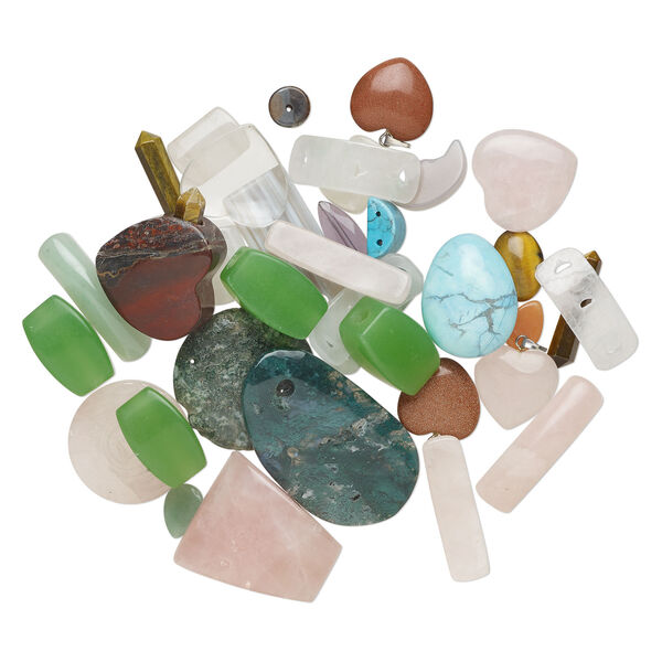 Bead and component mix, multi-gemstone (natural / dyed / manmade) and glass, mixed colors, 7x5mm-34x34mm mixed shape. Sold per 1/2 pound pkg, approximately 50-120 pieces. image number 0