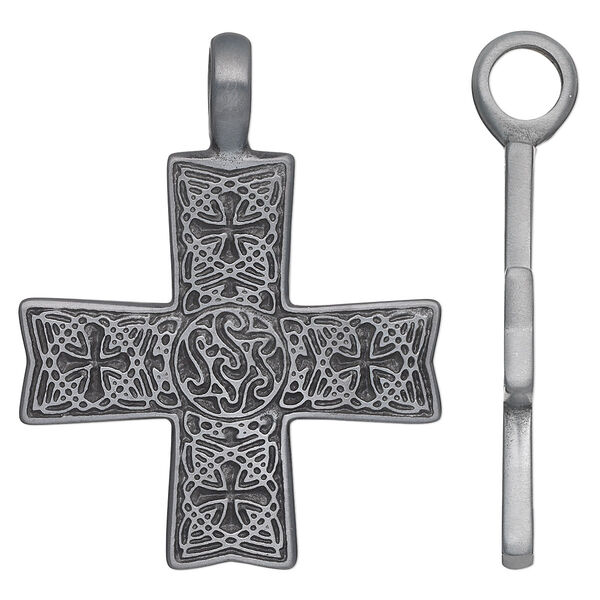 Pendant, antiqued "pewter" (zinc-based alloy), 46x36mm cross with Celtic design. Sold individually. image number 0