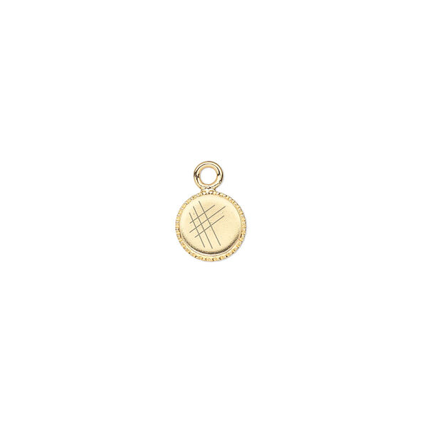 Drop, gold-plated brass, 7mm round with beaded edge and 6mm round bezel cup setting. Sold per pkg of 24. image number 0