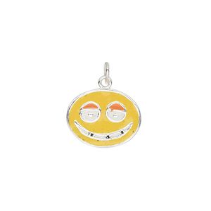 Charm, sterling silver and enamel, multicolored, 16x13mm single-sided flat oval with grinning face. Sold individually.