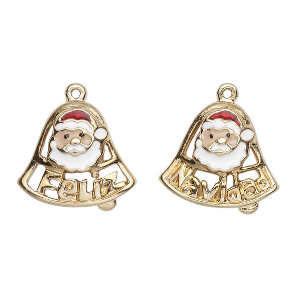 Charm, gold-finished "pewter" (zinc-based alloy) and enamel, multicolored, 18x16mm single-sided Santa Claus bell with "Feliz" and "Navidad." Sold per pkg of 2. image number 0