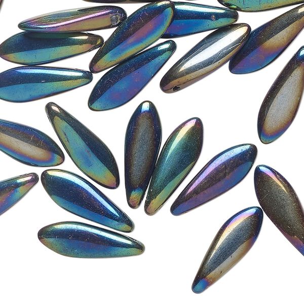 Bead 1pkg50 Czech pressed glass, opaque iris green, 15.5x5mm top-drilled dagger. image number 0