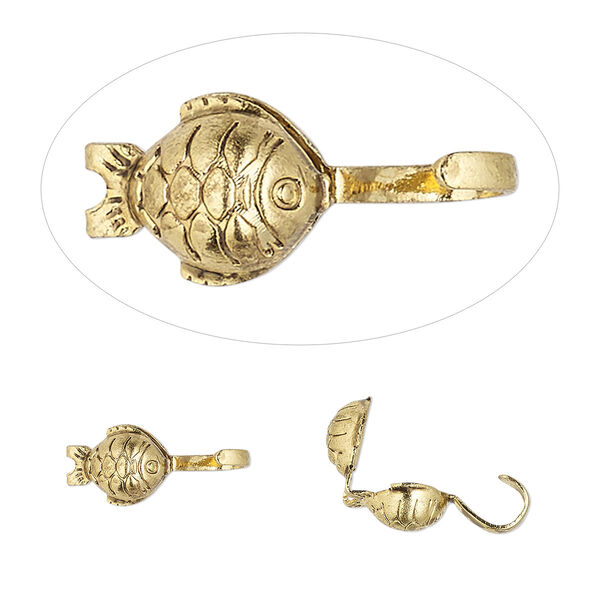Bead tip, Hot Tips®, antique gold-plated brass, 9x5mm fish. Sold per pkg of 100. image number 0