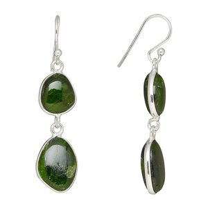 Earring, Create Compliments®, diopside (natural) and sterling silver, 46mm with fishhook ear wire. Sold per pair.