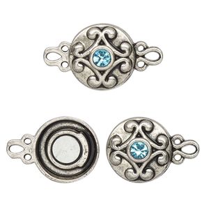 Clasp magnetic 1pkg2 "pewter" (zinc alloy), 12mm double-sided round, antique silver-finished / aqua blue rhinestone 1-strand