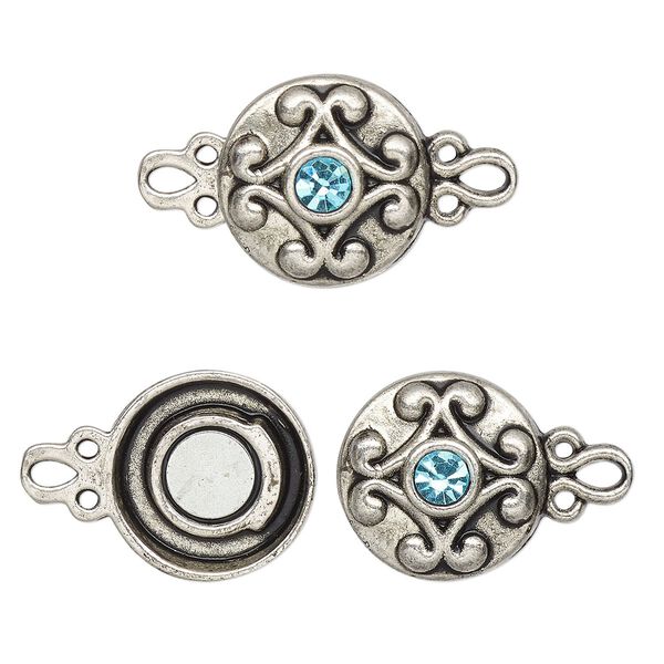 Clasp magnetic 1pkg2 "pewter" (zinc alloy), 12mm double-sided round, antique silver-finished / aqua blue rhinestone 1-strand image number 0