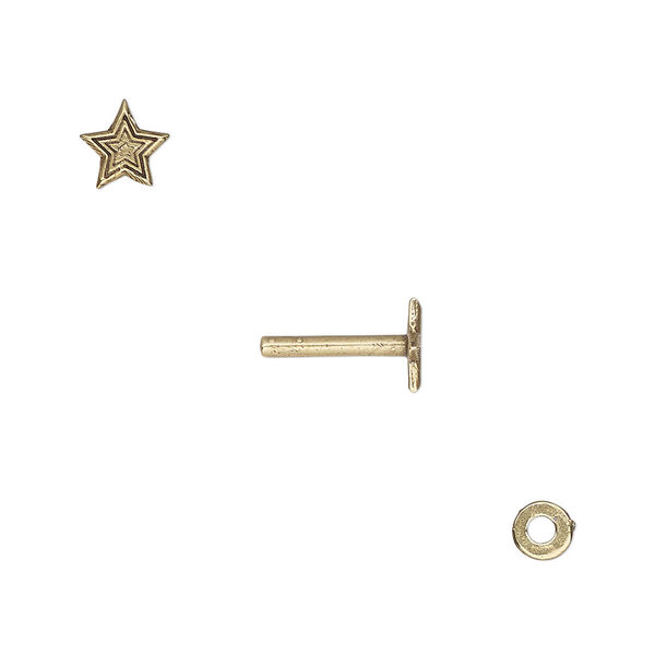 Washer and brad, antiqued brass, 4x0.7mm and 10.5x6mm with 6x6mm star and 1.5mm post diameter. Sold per pkg of (2) 2-piece sets. image number 0