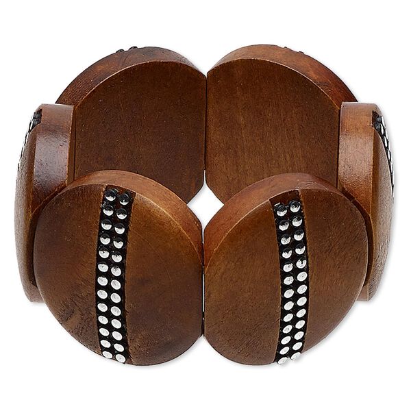 Bracelet, stretch, stained wood and silver-coated plastic, light brown, 40mm round, 6-1/2 inches. Sold individually. image number 0