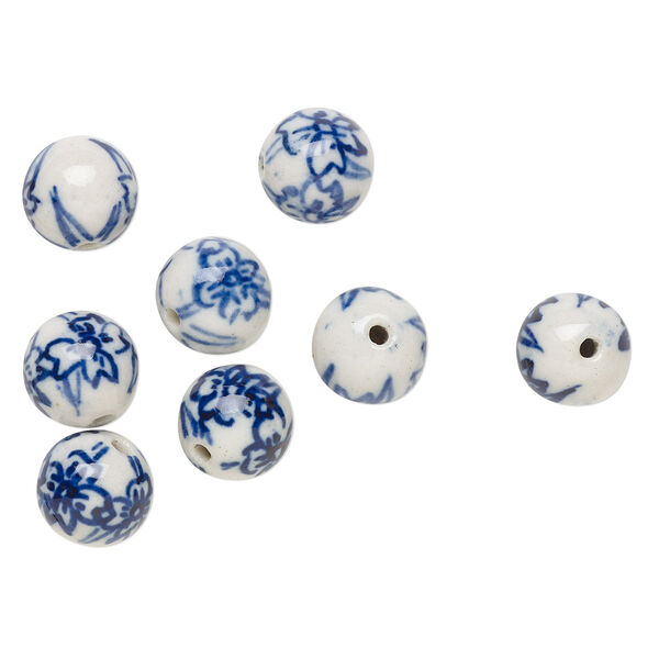 Bead, porcelain, blue and white, 12mm round with flower design. Sold per pkg of 8. image number 0